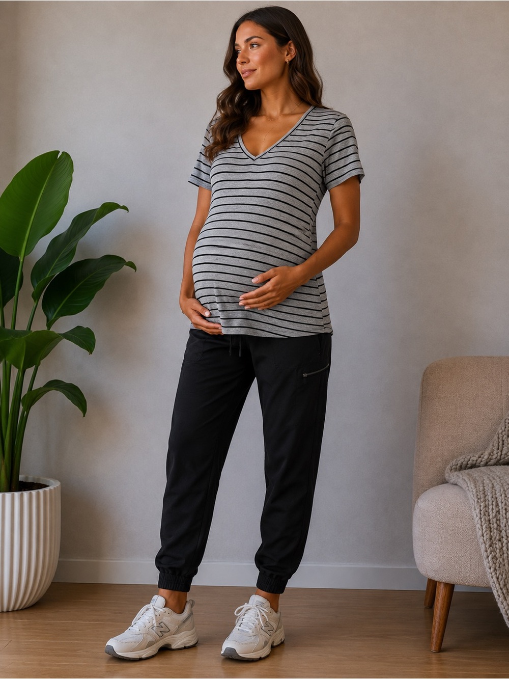 Motherhood Gray & Black Striped V-Neck Maternity Tee